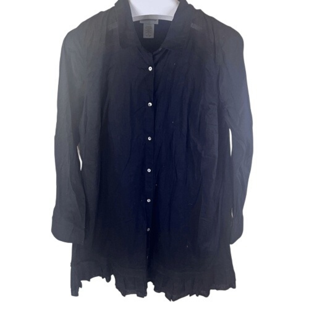 Soft Surroundings 1X Button Up Shirt‎ Ruffled Bottom Roll Tab Black Size 1X
